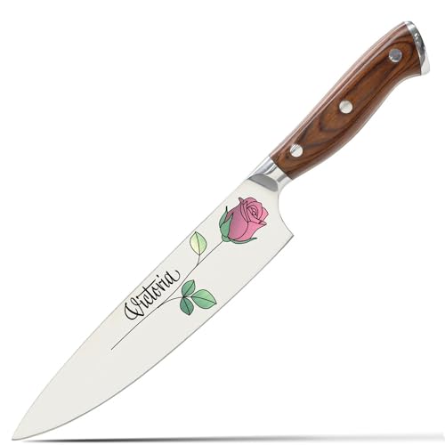 Image of Color Laser Engrave Custom Personalized Chef Knife with Blade Cover and Velvety Red Interior Box Premium Stainless Steel - Personalized for Wife, Mother, Friend with a Rose Design (Design#2)