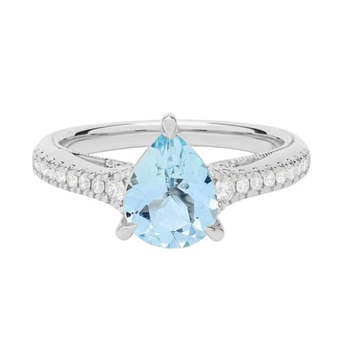 Blue Aquamarine Rings for Women 925 Sterling Silver/10K/14K/18K Gold Moissanite Accent Engagement Promise Rings for Her Personalized