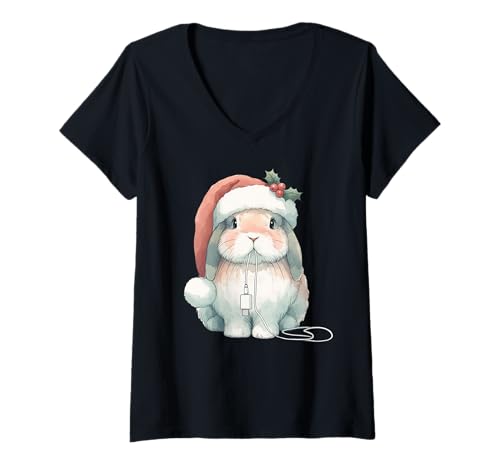 Donna Coniglietto Lop Chew Charger Cord Natale Natale acquerello Maglietta con Collo a V