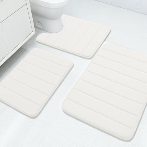 Image of Buganda Memory Foam 3 Pieces Bathroom Rugs Set - Thick Soft Absorbent Non-Slip Bath Mats, Washable Small /Large /Contour Bath Rugs, Ivory