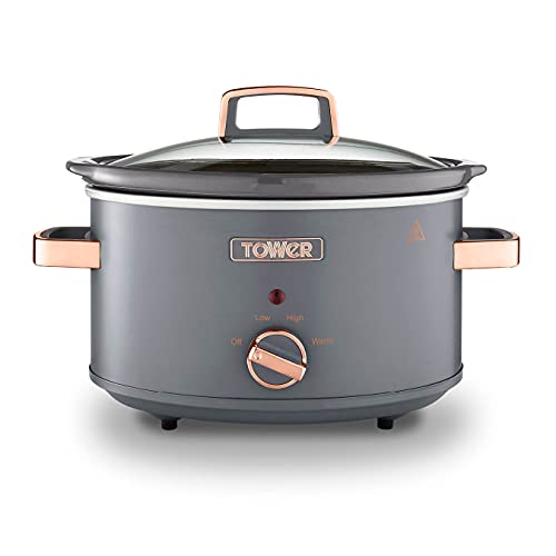 Tower T16042GRY Cavaletto - Olla lenta de 3,5 litros con 3 ajustes de calor, olla extraíble y asas de tacto frío, color gris y oro rosa