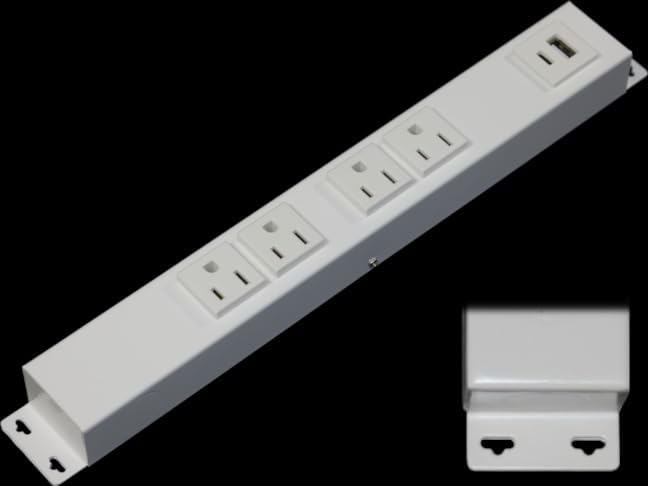 12” Hardwired Power Strip (NO Power Cord), 4 Outlets (NOT Tamper Resistant), with Ears (with mounting tabs on Both Ends), 15 Amp (NOT 20Amp Unit), USB A+C, White