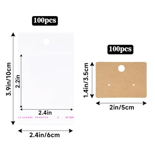 joycraft 100Pcs Earring Display Cards, 2x1.4 in Brown Jewelry Holder Tags with 100Pcs Bags, Paper Display Cards for Selling, Hanging, DIY Crafts