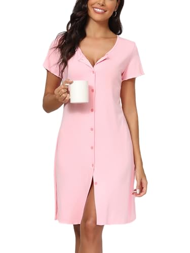 Yukiuiny Camisón Lactancia Pijamas Verano Mujer Premamá Algodon Sexy con Cuello en V Botones Manga Corta Camisones Suave Ropa de Dormir Clásico Rosa S