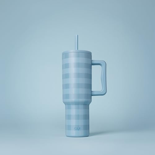 Image of Simple Modern 40 oz Trek Tumbler with Handle and Straw Lid | Cup Holder Friendly Insulated Stainless Steel Travel Mug | Blue Jay Gingham