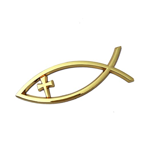 Christian Cross Fish Auto Emblem, Jesus Fish Decal Sticker, 3D Car Chrome Decal Emblem Sticker, Christian Fish Symbol for car (Golden Cross)
