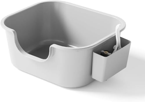 MLTUN MAKAN 大型の持ち出し防止半密閉式巨大猫用トイレ、スコップ付き、低い入り口、溢れ防止、オールインワンポータブルトイレボックス、お手入れ簡単、深型、子猫に最適、あらゆる種類の猫砂、ペット用品に最適 (高級グレー+収納ボックス)