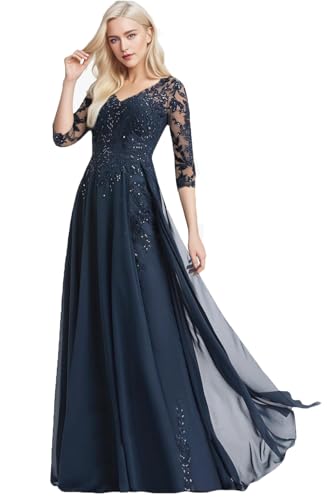Women's Lace Mother of The Bride Dresses for Wedding Chiffon Formal Dress with Sleeves Sequin Evening Gown4