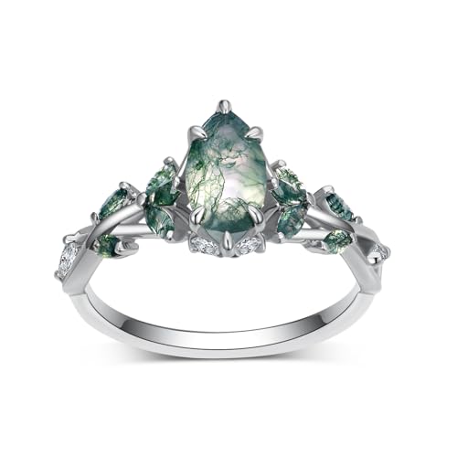 Natural Moss Agate Engagement Ring Set for Women, 10K 14K 18K Gold Marquise Cut Green Moss Agate Leaf Wedding Band Bridal Ring Set Ring Guards for Women Loose Rings Jewelry Gifts2