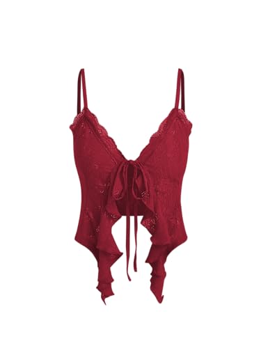 CIDER Going Out Tops for Women Y2K Tie Front Asymmetrical Ruffle Hem Lace Spaghetti Strap Cowgirl Crop Tops