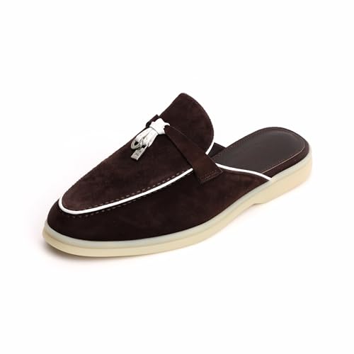 Image of XOBZJH Designer Women's Mules Flat Heel - Suede Leather Flats with Tassel Detail, Comfortable Slip-On Backless Loafers,Casual & Work Shoes