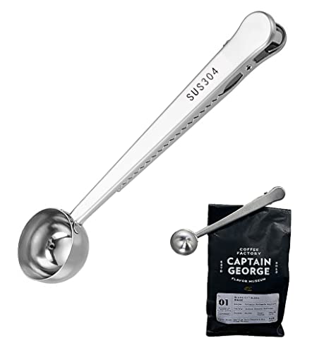18 cm (7 tum) kaffeskopa med påsklämma, silver kaffeskopa i SUS 304, kaffetillbehör kaffesked för mätning, tätning, kaffemätningssked för kaffebönor, mjölkpulver