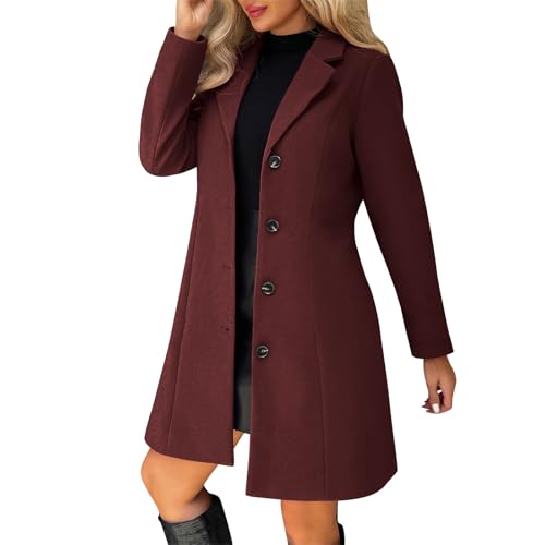 KHIRVWL Wintermantel Damen Wollmantel Einreihiger Trenchcoat Stehkragenmantel Elegant Lang Freizeitmantel Mit Taschen Langarm Mantel Bequeme Herbstmantel Klassischer Knielang...