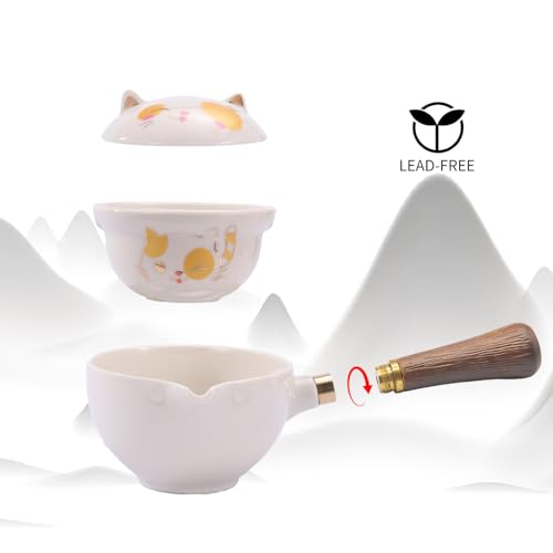 LURRIER Porcelain Chinese Gongfu Tea Set,Portable Teapot Set with 360 Rotation Tea maker and Infuser,Portable All in One Gift Bag for Travel,Home,Gifting,Outdoor and Office (Kitty Cat)