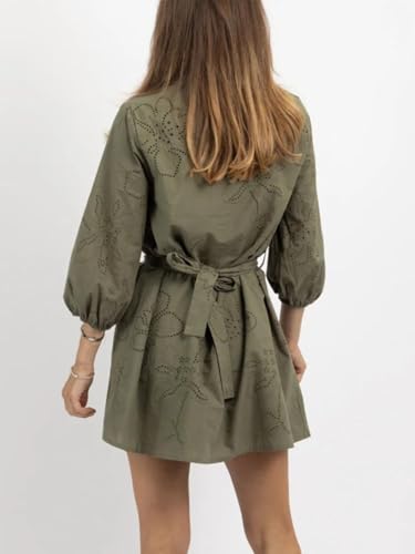 Image of Joiemont Womens Olive Embroidered Belted Mini Dress Summer Half Button 3 /4 Sleeve Eyelet Dress