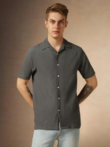 Image of Dennis Lingo Men's Half Sleeve Cuban Collar Solid Textured Relaxed Fit Casual Shirt
