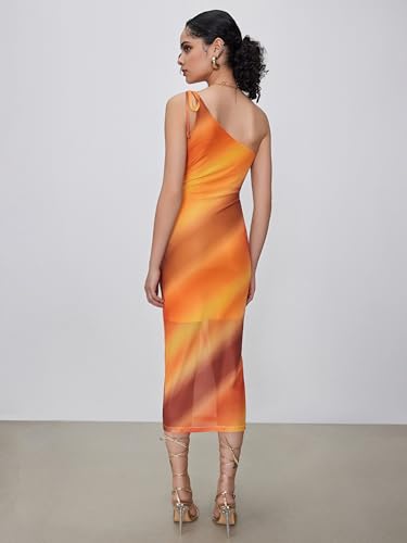 Image of CIDER Miami Sunset Vacation Mesh Asymmetrical Neck Ombre Midi Dress