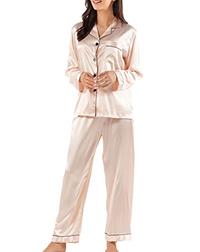 GAESHOW Women Silk Pajamas Set Long Sleeve Ladies Satin PJ Sets Button-Down Pajama Sleepwear Loungewear S~XL Champagne