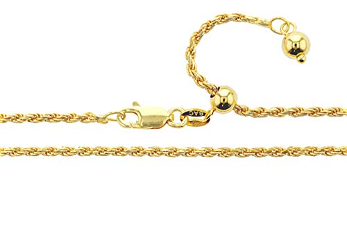 Gold Plated Sterling Silver Adjustable Diamond-Cut Rope Chain 2Mm 925 Italy Necklace 22" #TOP1