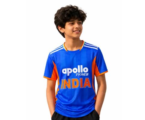 India Cricket Jersey for Kids, Blue with Orange Accents | V-Neck Design, Short Sleeves, Tricolour Collar, Boys Sportswear-image-11