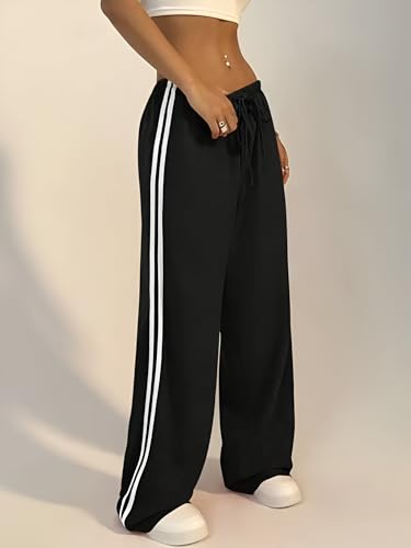 Image of THIRD QUADRANT Women's Wide Leg Track Pants for Women | Black with White Side Stripes | Drawstring Waist (in, Alpha, L)