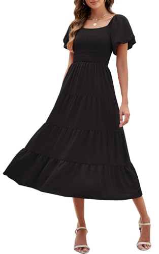Wantonfy Summer Dresses for Women Dress Casual Long Dresses V Neck A Line Beach Dress Black