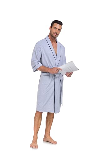 EA'S SECRET 100% Cotton Mens Lightweight Robe Summer Short Sleeve Bathrobe Soft Knee Length Robe with Pockets (Grey, L)3