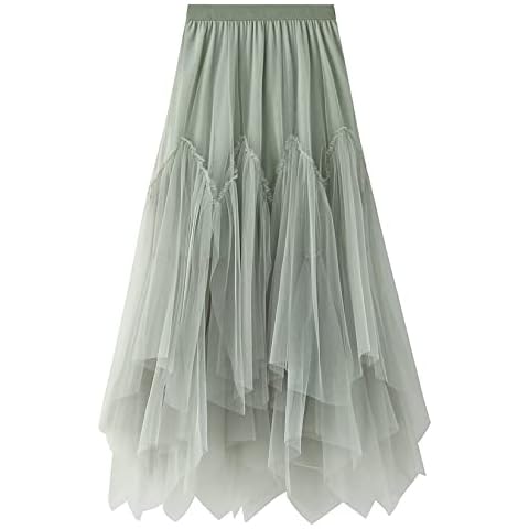 Lu's Chic Women's Tulle Skirt High Low Asymmetrical Halloween Elastic Waist A-line Tea-Length Costume Waisted Layered Midi Tutu Mesh Pleated Formal Prom Party Skirts Green X-Small-Large Cover