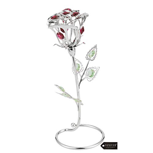 Matashi Silver Plated Rose Flower Tabletop Ornament w/Crystals Decorative Metal Floral Arrangement Office Home Decor Showpiece Gifts for Mother's Day