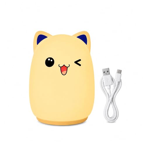 Image of HUMAIZAR Silicone LED Night Light for Kids, Soft Touch Animal Bedside Lamp for Bedroom & Nursery, Rechargeable Cute Night Lamp (Winking CAT)