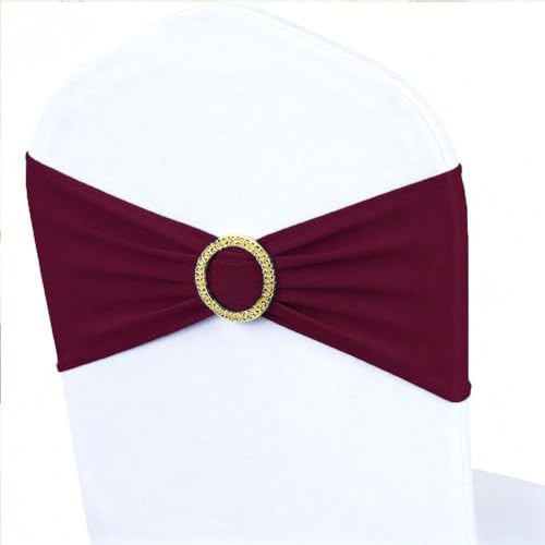 Image of Burgundy Chair Sashes 50 Pack with Gold Buckle Slider, Spandex Wine Red Chair Bands Bows for Folding Chairs Wedding Party Banquet Decor