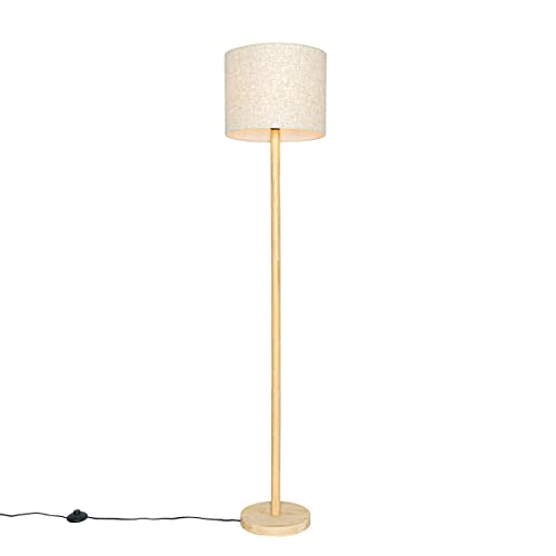 Qazqa rústico Lámpara de pie rural madera pantalla lino beige 32 cm - Mels/Lino Redonda Adecuado para LED Max. 1 x 40 Watt