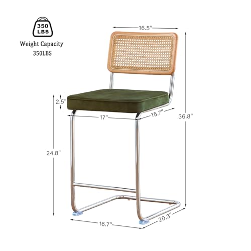 Image of GrandNoor Natural Rattan Bar Stools Set of 2 with Solid Wood Back, 24 Inch Mid Century Modern Counter Height Stools, Green Upholstery Boho Stool for Kitchen Counter with Chrome Metal Legs