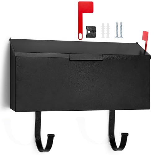 Yaocom Small Cast Wall Mount Mailbox for Outside Metal Mailbox with Newspaper Hooks Heavy Duty Rustproof Wall Mounted Mailbox Galvanized Steel Post Box Large Capacity 16” x 8.25” x 4.25” (Black)