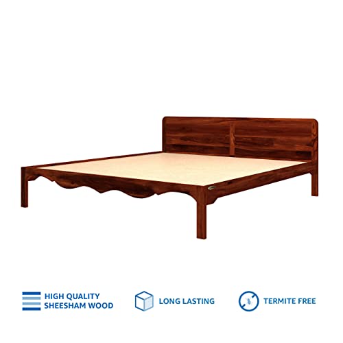 Image of Solid Sheesham Wood Mehraab King Size Bed Without Storage with Headboard | Palang Cots Wooden Double Beds for Bedroom, Living Room, Hotel and Home (Honey Finish)
