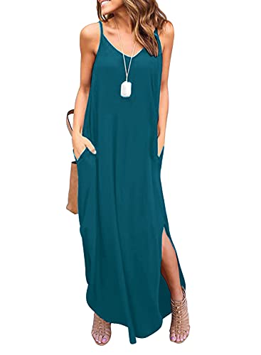 HUSKARY Vacation Dresses for Women Summer Casual Spaghetti Strap V Neck Split Loose Dress Beach Cover Up Long Cruise Boho Maxi Dresses with Pocket