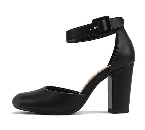CITYCLASSIFIED “Kelly” ~ Women Comfort Foam Closed Toe Closed Back Counter High Block Heel Pump with Adjustable Ankle Strap