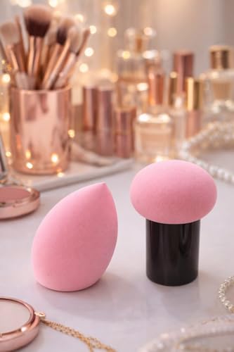 Image of 4 in 1 Makeup Sponge & Brush Set - Beauty Blender Sponge, Flat Base Sponge, Mushroom Head Makeup Sponge Brush & Kabuki Foundation Brush - Soft Reusable Makeup Blender for Liquid, Cream & Powder