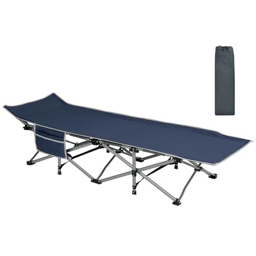 Portable Camping Bed for Adults, Folding 72cm Wide Single Camp Sleeping Cot for Outdoor, Hiking, Office, Oxford Fabric and Square Tube, w/Side Pocket Blue