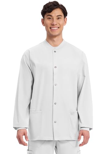 Cherokee Men’s Scrub Jacket Snap Front Medical with 3 Pockets, Knit Cuffs, Soft Fade Resistant 2-Way Stretch Plus Size - WW360, 3XL, White