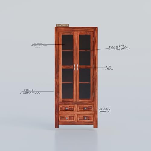 Image of Wood Book Shelf with Glass Door, Wooden Bookshelf for Home Library, Kitchen Crockery Cabinet, Study Room Furniture, Books Rack, Book Stand, BookCases, Bookshelves (Natural Finish)