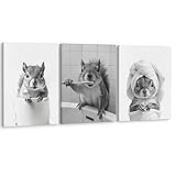 BUJSP Funny Cute Squirrel Bathroom Wall Art Decor, Animal Bathroom Decor, Black and White Squirrel Wildlife Canvas Prints Pictures Wall Decorations for Washroom Restroom Toilet, 11x14 Inches Set of 3