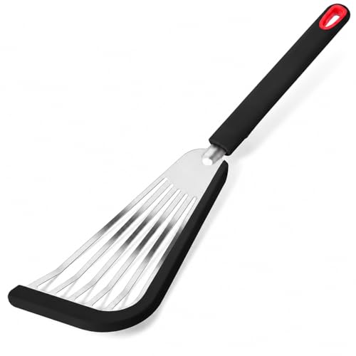 Nonstick Fish Spatula With Silicone Edge, FENGCHEN Nonstick Fish Spatula, Heat-Resistant Fish Turner Spatula,Silicone Fish Spatulas For Cooking, For Scrapping, Flipping, Frying, Turning Foods（Black）
