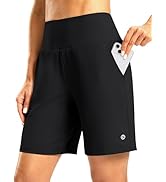 Women's Athletic Shorts with Zipper Pocket 7" High Waisted Stretchy Bermuda Shorts for Women Work...