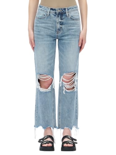 ONESO Womens Ripped Jeans Mid Waist Straight Leg Ripped Jeans Y2K Distressed Denim Pants with Raw Hem for Casual