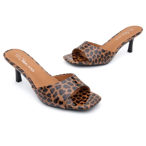 Image of Shoe Land Women's Low Heels Stiletto Heeled Slides, Open Toe One Band Slip-On Heeled Mules - Dressy Heeled Sandals for Prom, Party Wedding and Vacation