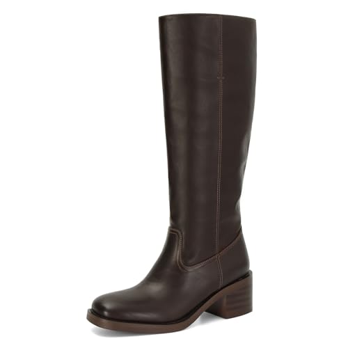 Image of DOEYG Women's Banana Knee High Boots Square Toe Chunky Block Heel Tall Boots Wide Calf Fashion Comfortable Casual Pull on Long Boots