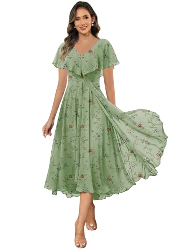 ZAALELP Wrap Ruched Sage Green Floral Mother of The Bride Dresses for Women Lace Appliques Formal Wedding Guest Dress with Shawl US12