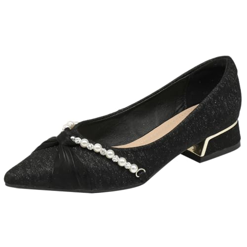 Chaussures À Talon Femme Bout Pointu Ballerines Escarpins Talon Bloc Large Strass sans Lacets Modèles pour Quotidien Et Bureau Tissu Pailleté Respirant,Noir,37 EU