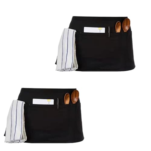 2 Pack Waitress Apron with 3 Pockets Water resistant, Server Aprons with Long Straps, Waiter Short Half Waist Servers Apron 30cm Black
